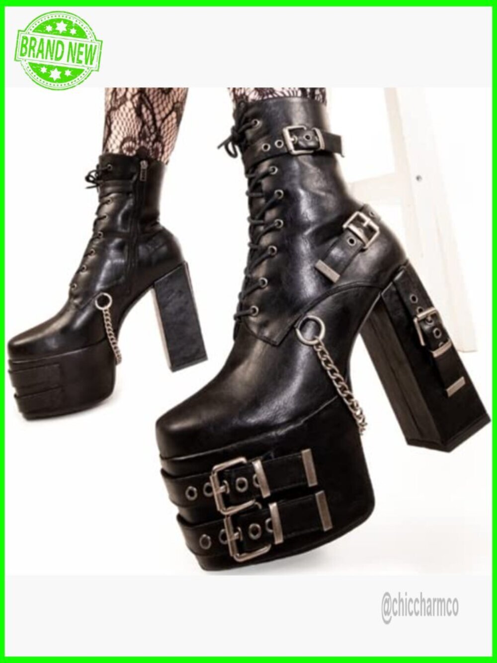 Gothic Lace Up Platform Ankle Boots with Chains and Buckles - Picture 3 of 6